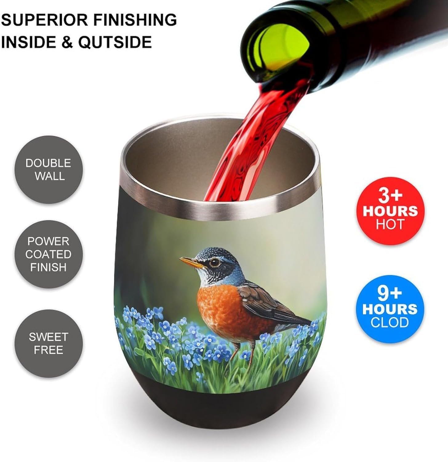 American Robin Bird Coffee Travel Mug Cup Insulated Tumbler Stainless Steel with Flip Lid One Size