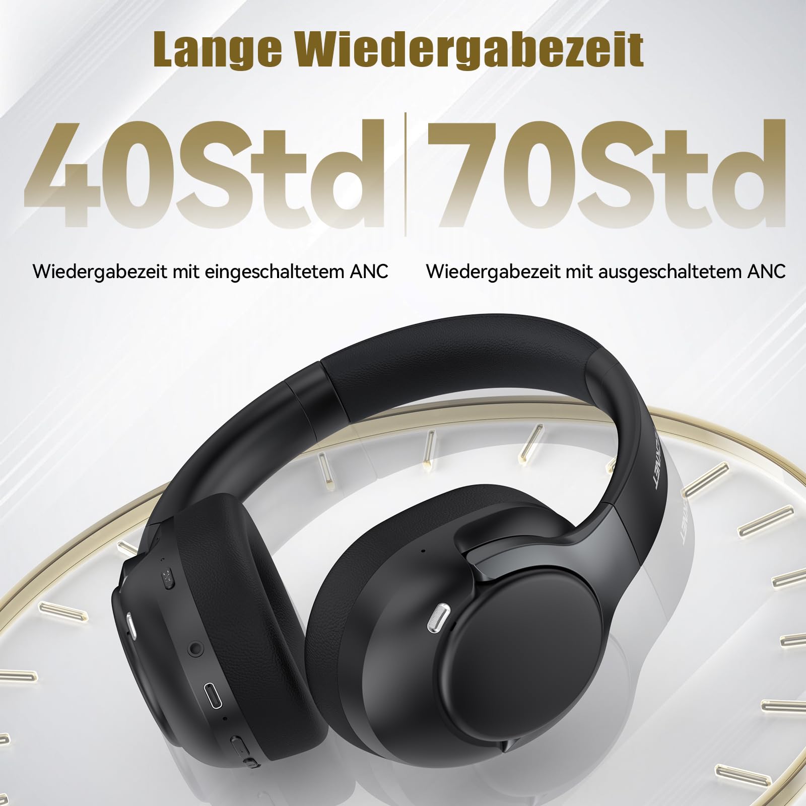 TECKNET Over Ear Kopfhörer Bluetooth mit Hybrid Active Noise Cancelling, Kabellose Bluetooth 6.0 Kopfhörer, 70 Std. Wiedergabezeit, 6 EQ-Modi, 3,5-mm-Audiokabel für Zuhause, Reisen und Büro, Schwarz