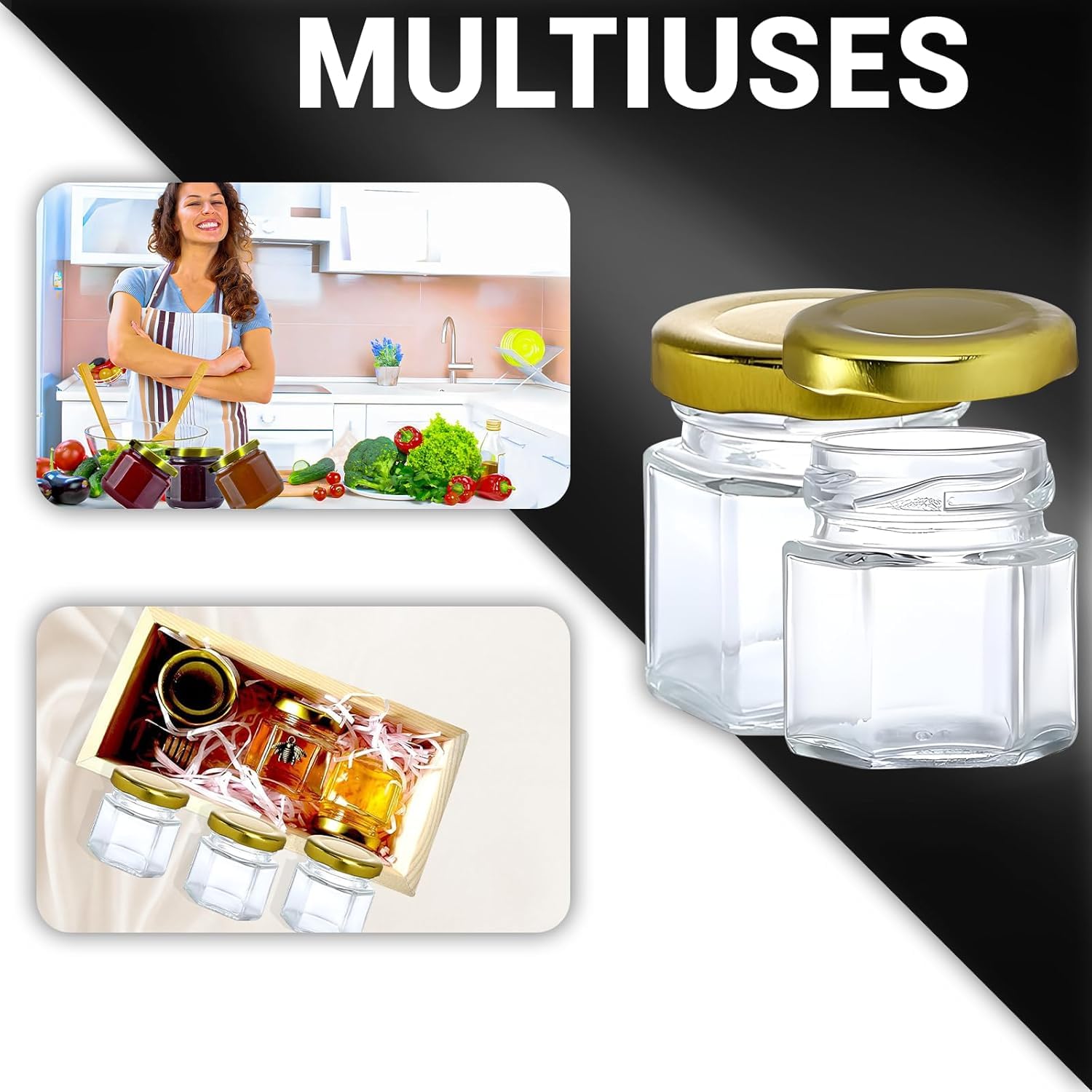 Barattoli esagonali in vetro, 48 pezzi, 45 ml, con coperchio ermetico in metallo dorato, piccoli barattoli in vetro per conserve, sottaceti, marmellata, miele, spezie, erbe, fai da te, bomboniere