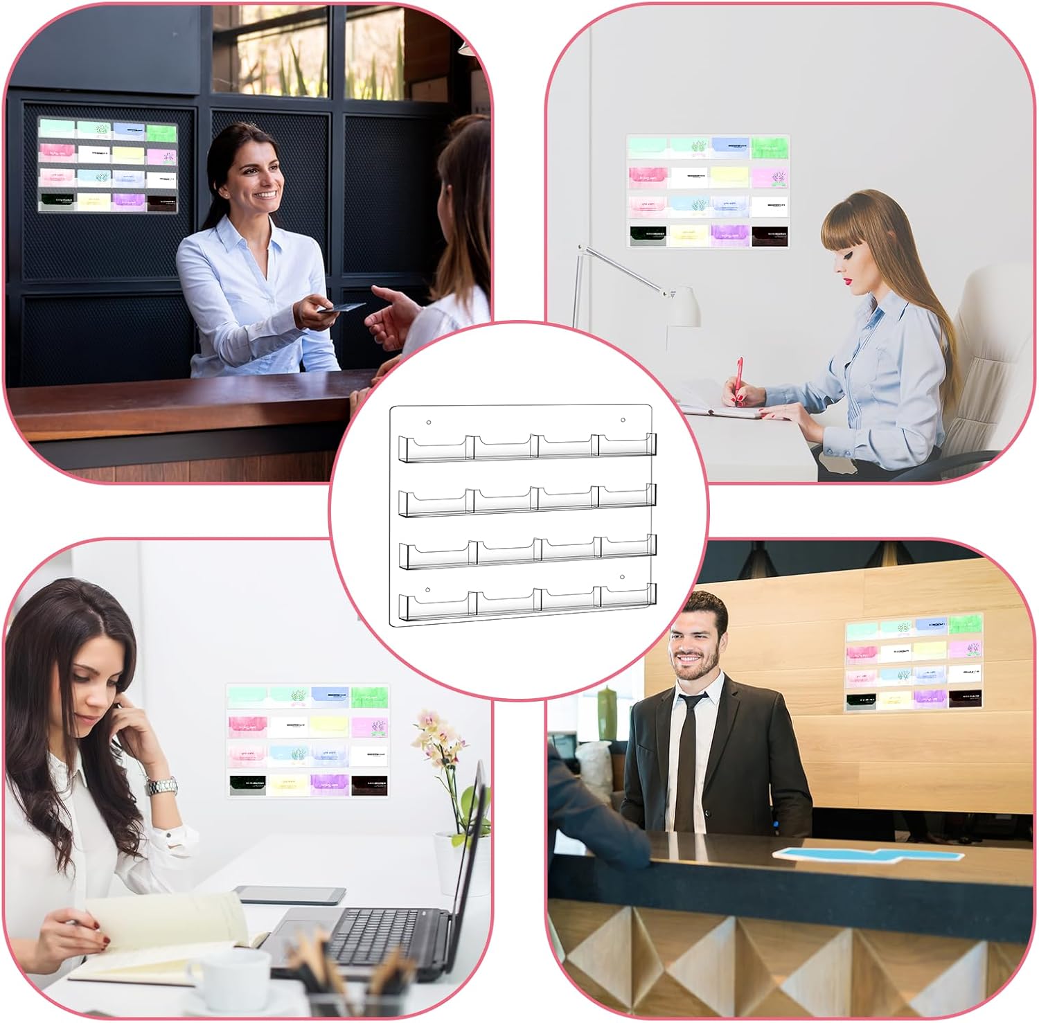 Business Card Holder Wall Mount Clear Sticker Display Marketing Holder Acrylic Business Card Stand Multi Pocket Rack Organizer Space Saver for Home Office
