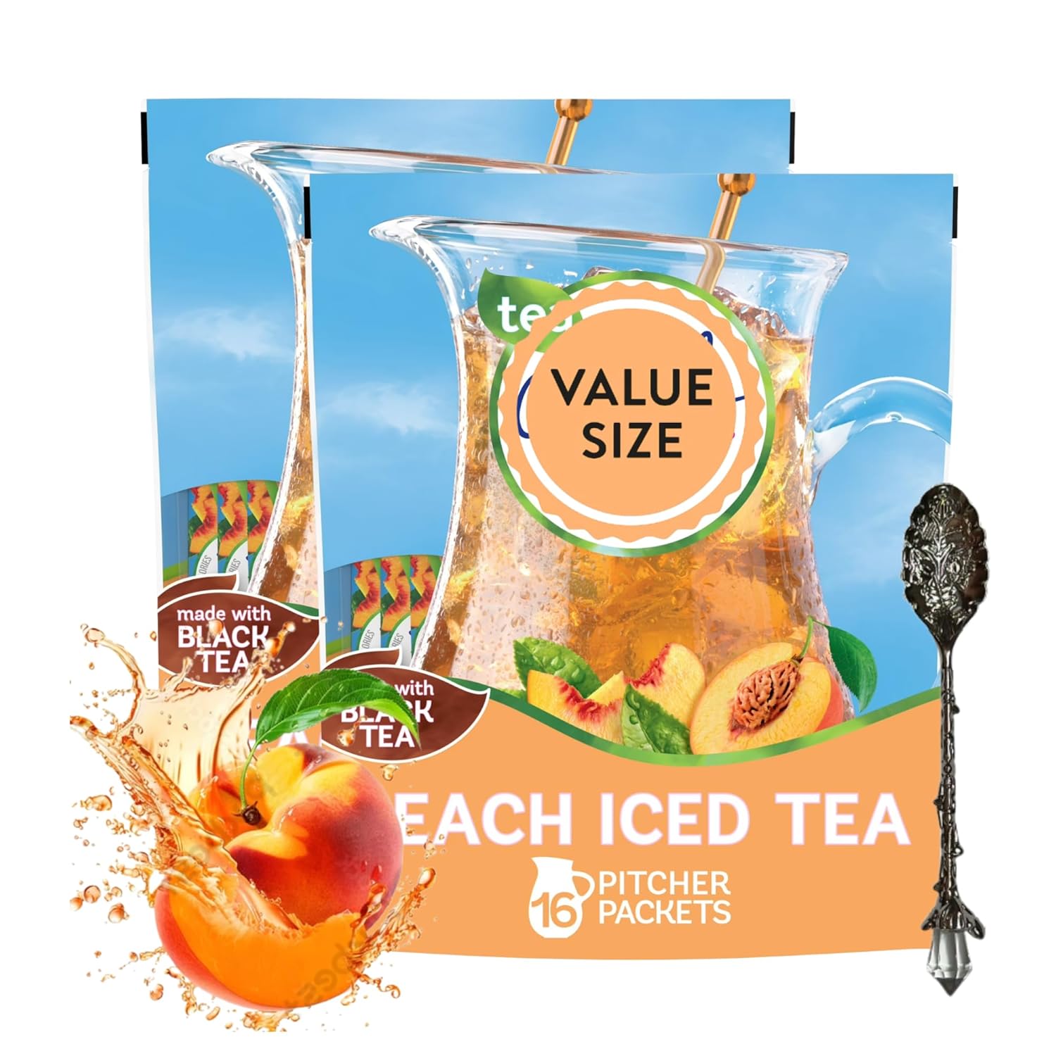 Peach Iced Tea Drink Mix 4.55 oz – 2 Pack (16 Pitcher Packets Total), Made with Black Tea – Sugar-Free, Low-Calorie Beverage Mix with Candy Freezer Gem Spoon (Peach Iced Tea) Gem Spoon