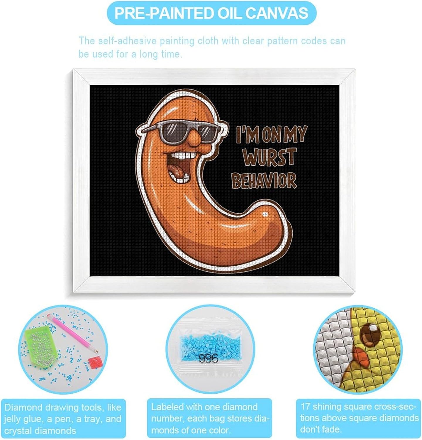 I'm On My Wurst Behavior Printed Diamond 5D Painting Kits DIY Full Drill Crafts for Home Wall Decor 16x20 Inch White Wood 50 * 40cm