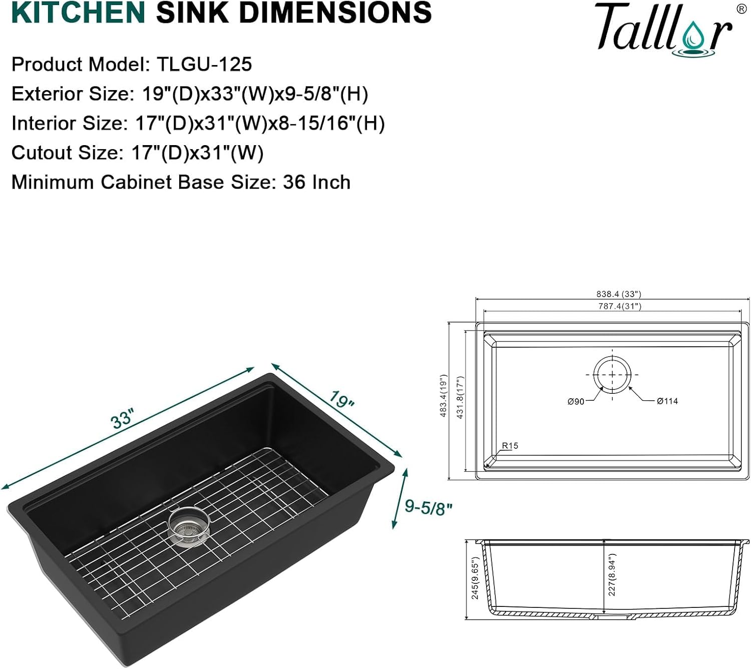 33x19 Black Undermount Kitchen Sink, Granite Composite Single Bowl Workstation All-In One Kitchen Sink, Classic Quartz Composite Sinks with Mixing Bowl, Pasta Strainer #TLGU-125