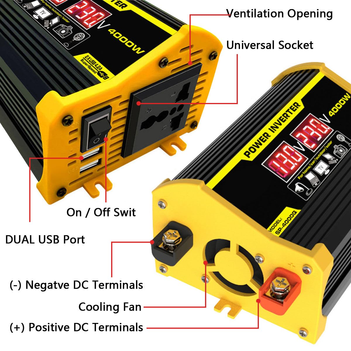 Kit Complet D'énergie Solaire, Panneau Solaire 400W Et Kit Inverseur, Convertisseur D'énergie Solaire 12V à 110/220V, Contrôleur 30A avec 2 Ports USB,Yellow