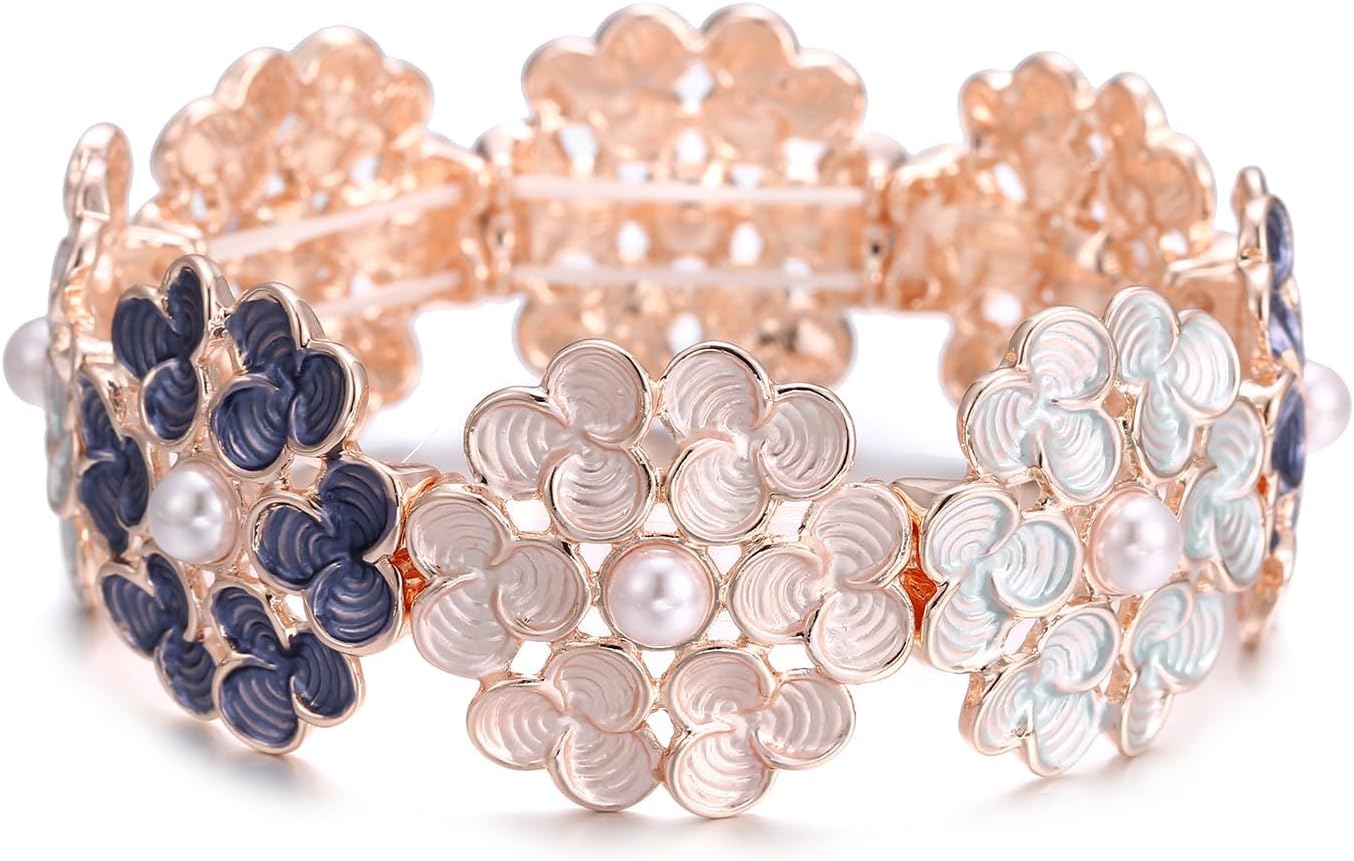LUREME Boho Floral Pearl Bracelet - Gold Plated Multicolor Enamel Stretch Bangle for Women (bl003623) - Image 7