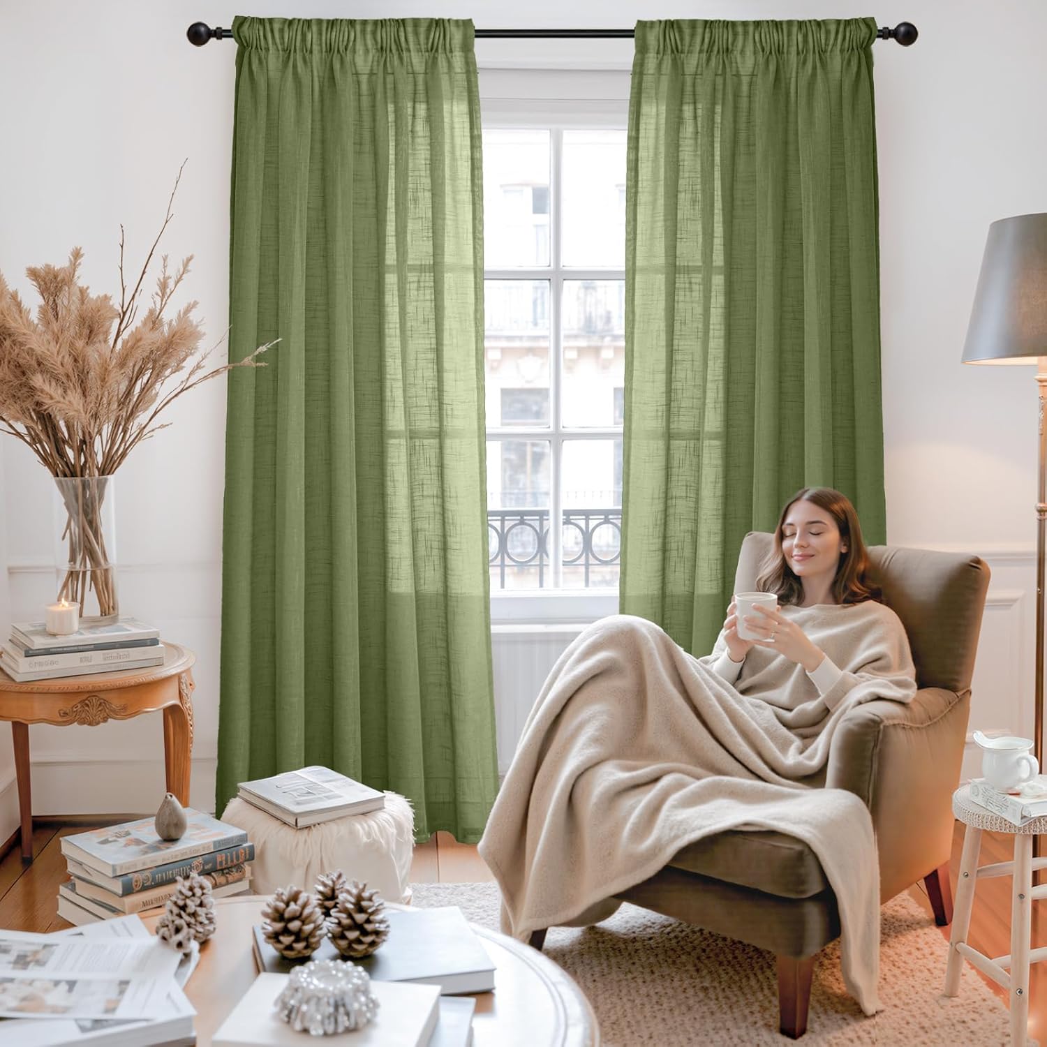 YoungsTex Olive Green Linen Curtains 84 Inch Length - Semi Sheer Drapes Light Filtering with Back Tab Rod Pocket Lightweight for Bedroom Living Room Window, 2 Panels, 52 X 84 Inch