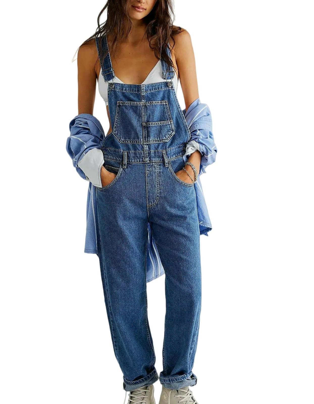 Mono De Verano Mono Corto Holgado De Corte Recto con Bolsillos, Estilo Retro Casual para Mujer.