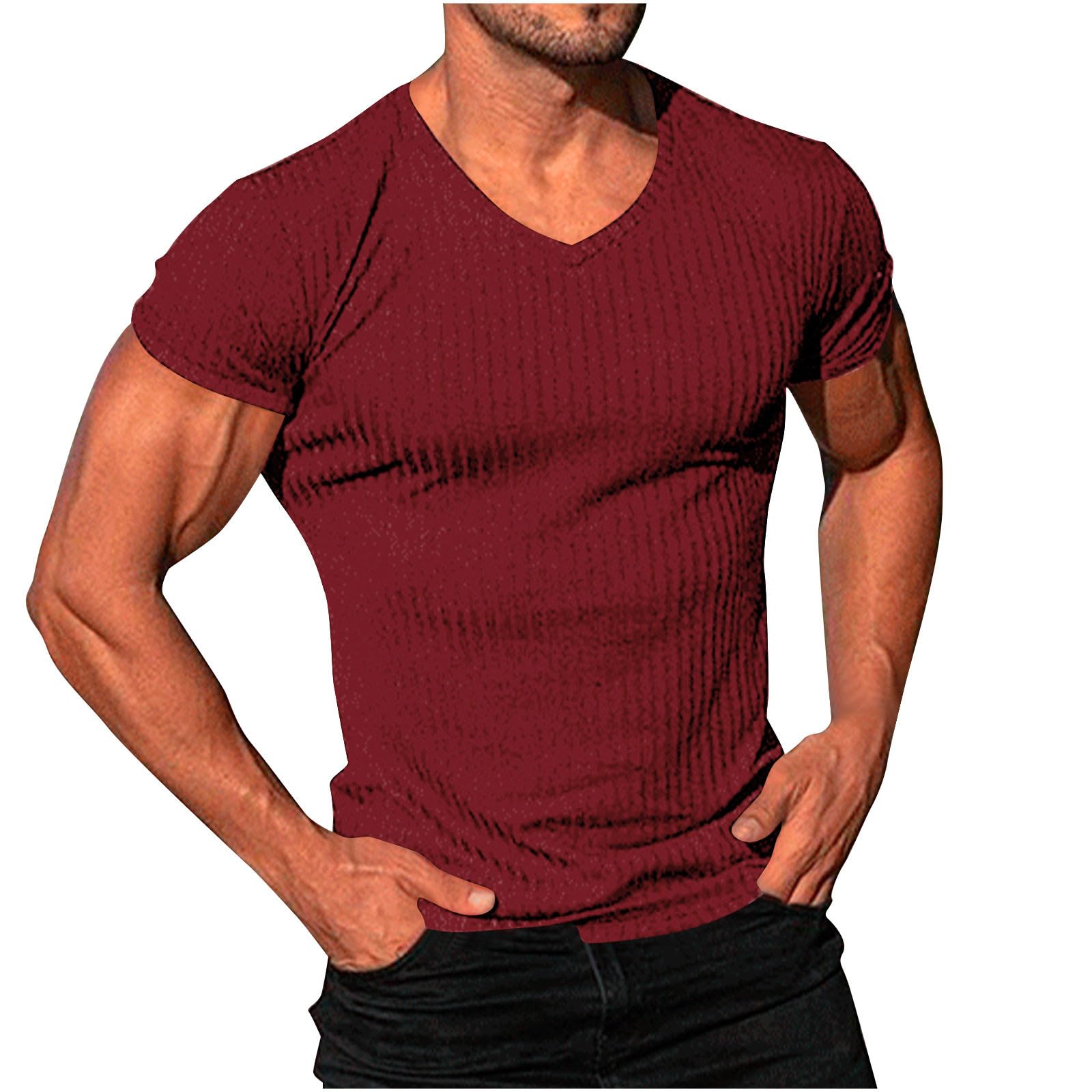 Mens Short Sleeve T-Shirts V Neck Ribbed Stretch Casual Tee Lightweight Solid Basic Summer Tops Solid Slim Fit Shirts A01 Red Medium