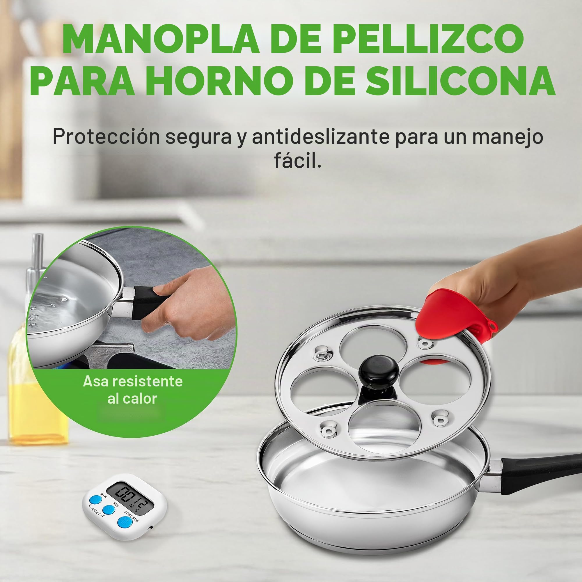 Nutrichef escalfador de huevos, Sarten para pochar, Acero inoxidable, 4 tazas antiadherentes, Tapa de vidrio, Temporizador, Guante de horno y espatula, Compatible con induccion, Egg poacher