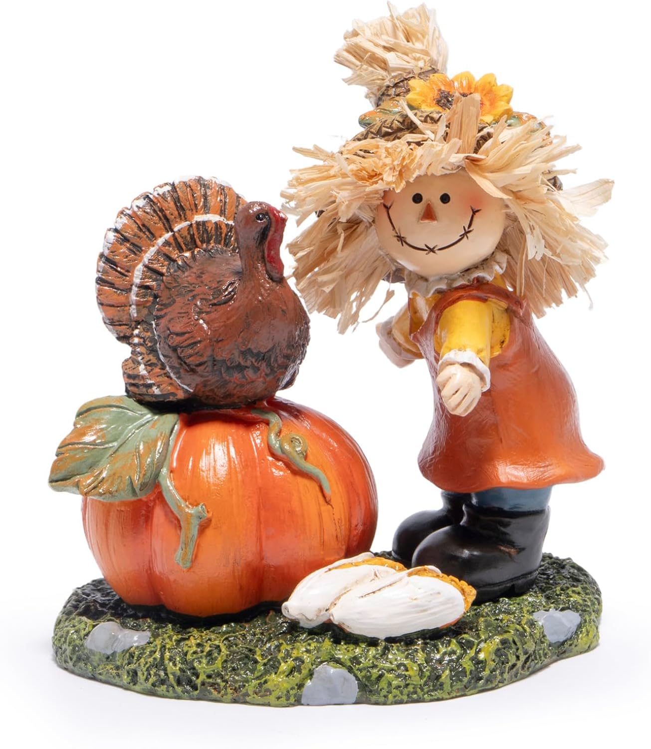 Hodao Thanksgiving Scarecrow with Turkey and Pumpkin Decoration, Fall Harvest Figurine Gift - Rustic Farmhouse Table Decor, Autumn Centerpiece for Home, Porch, Holiday Display (Green)