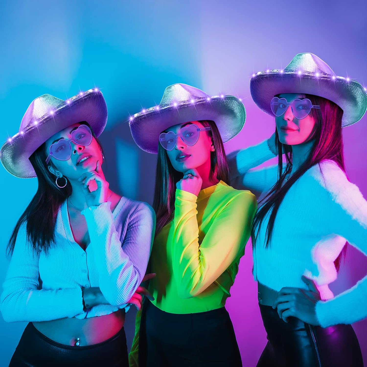 Zhanmai 8 Pieces Cowboy Hat LED Light Up Hat and Heart Sunglasses Sparkly Space for Cowgirl Women Halloween Costume (Light Purple) - Image 5