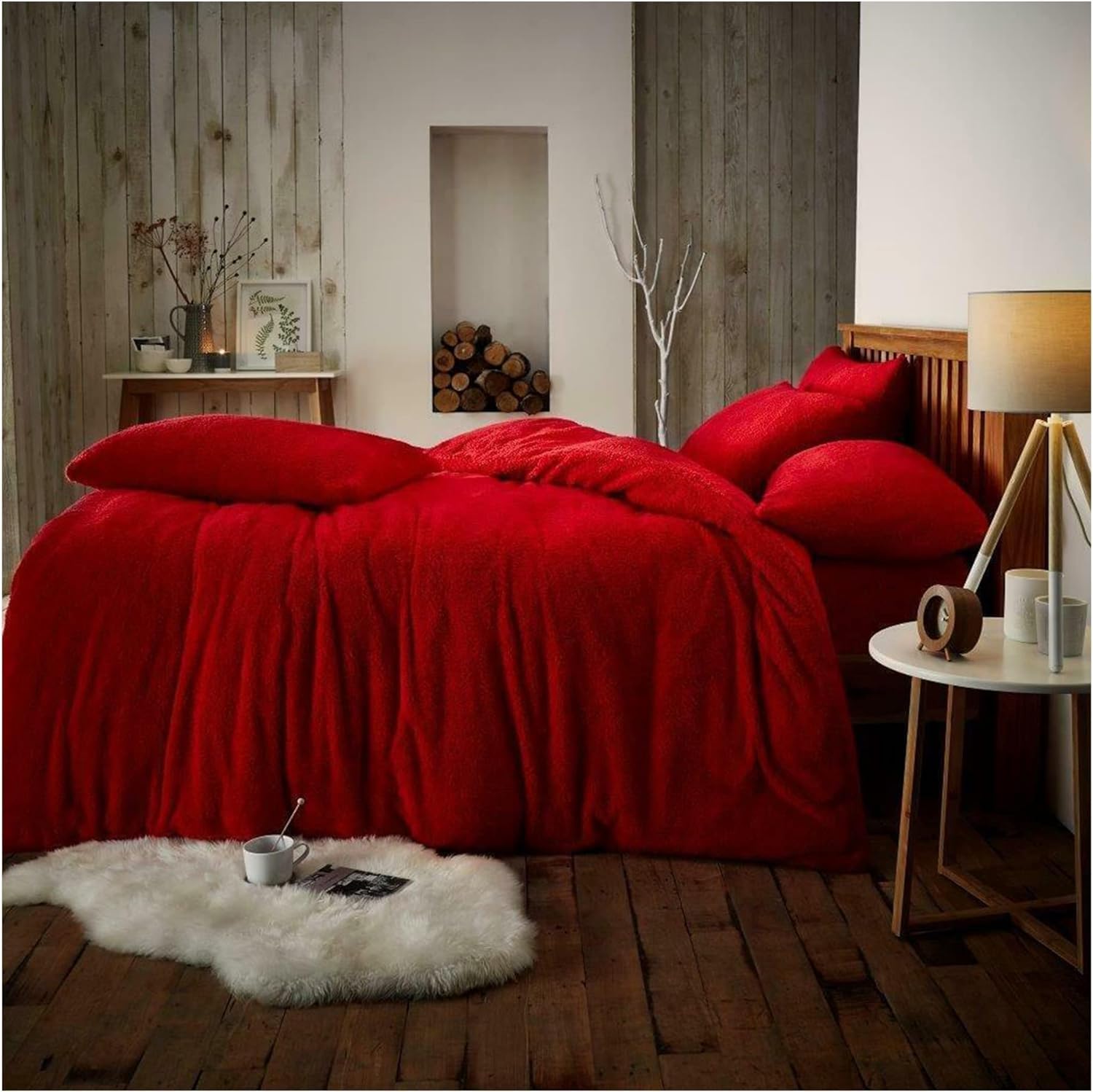 Lions Teddy Bear Bedding Set - Fluffy Thermal Warm Cosy Teddy Fleece Bedding with Pillowcase, Sherpa Quilt Covers, Red, Double Bed Size, 200x200cm