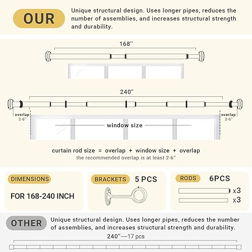 Miniatura 7 de SOMINS Barras de cortina de 1 pulgada para ventanas de 168 a 240, barra de cortina negra con longitud ajustable, poste de cortina rústico para