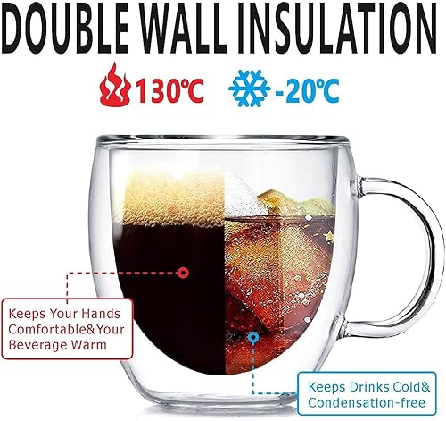 Miniatura 2 de Juego de 2 tazas de café de vidrio de doble pared con asa, tazas de café de capa aislada, tazas de vidrio borosilicato transparente, perfectas para