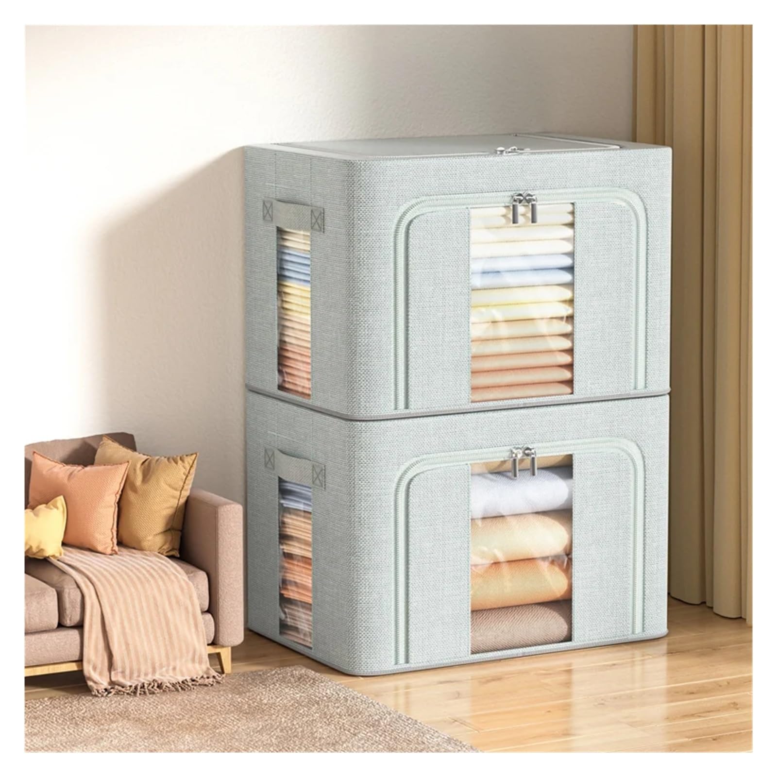 Bolsa de Almacenamiento Caja de almacenamiento de mantas plegable de tela Oxford for armario de dormitorio con ventana transparente y cremallera bidireccional Para Guardar Ropa, Edredones, Mantas(Grey