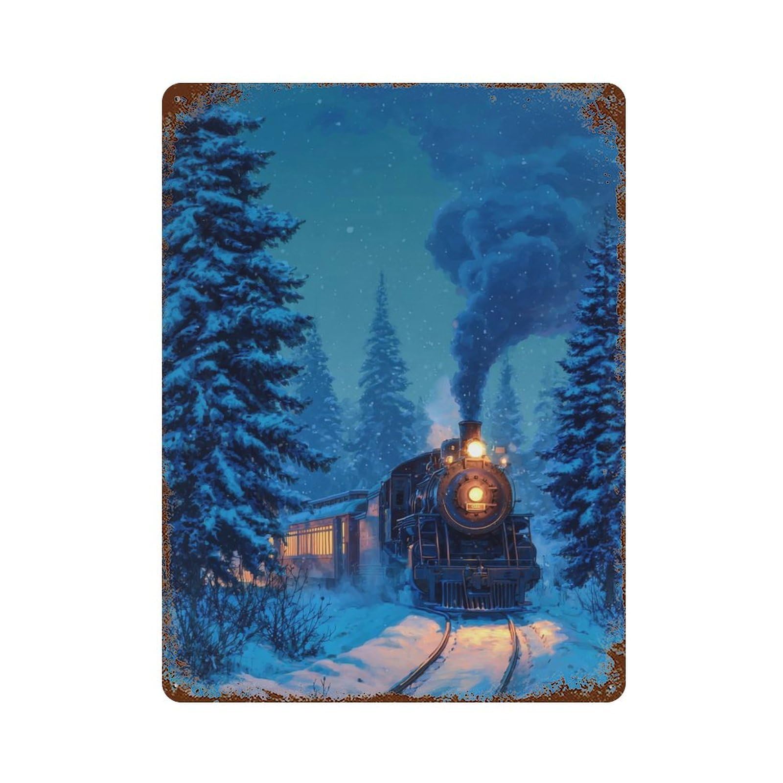 Rusty Metal Tin Sign with Winter Train Journey Design 15.7"x11.8", for Shed, Workshop And Garage Wall Decor, Classic Wall Plaque