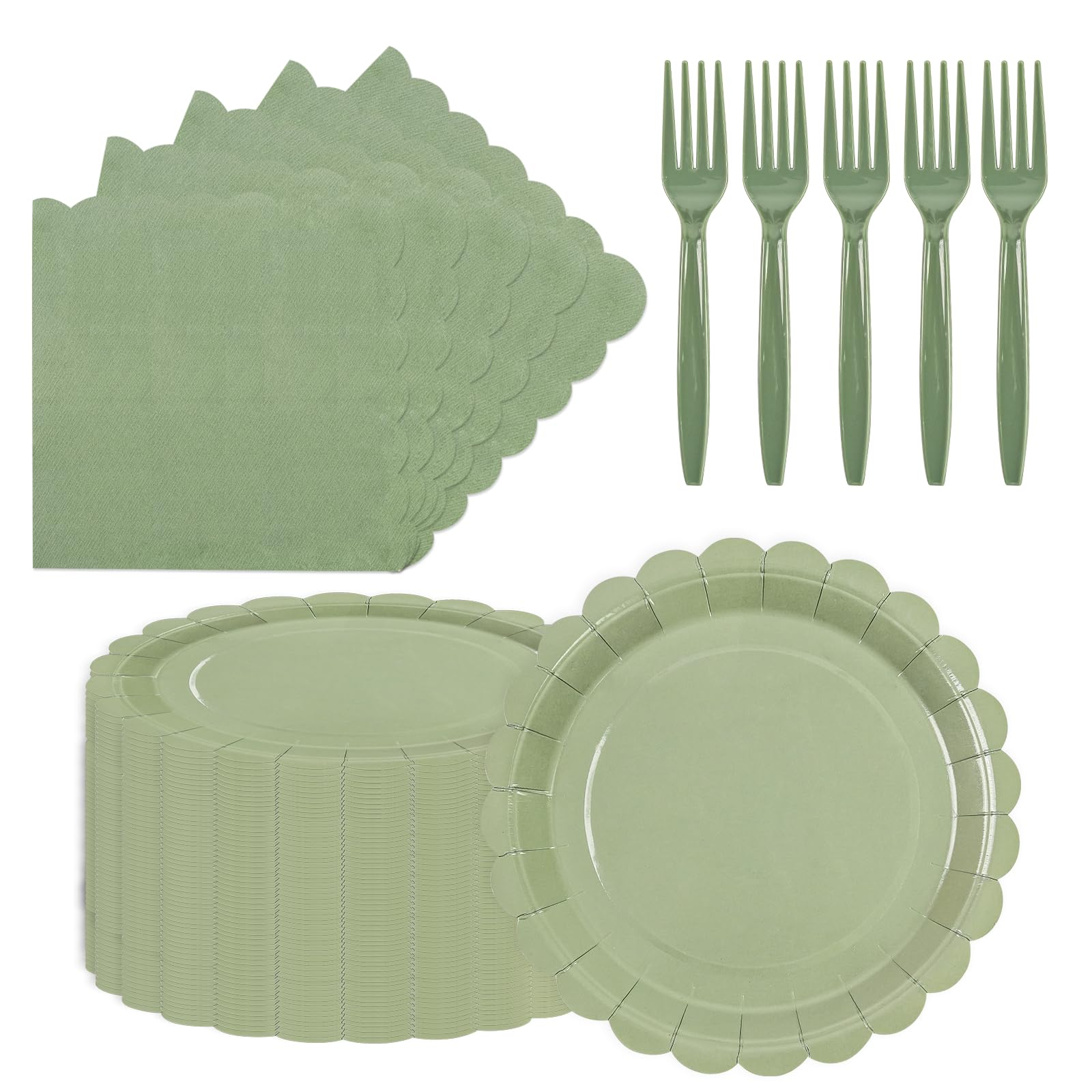 View 1 of 150Pcs Sage Green Paper Plates and Napkins,50 Sage Green Guest Scalloped Paper Tableware Forks Disposable Dinnerwaret Kit for Baby Shower Bridal Wedding Birthday Party New Year Decorations (9inch)
