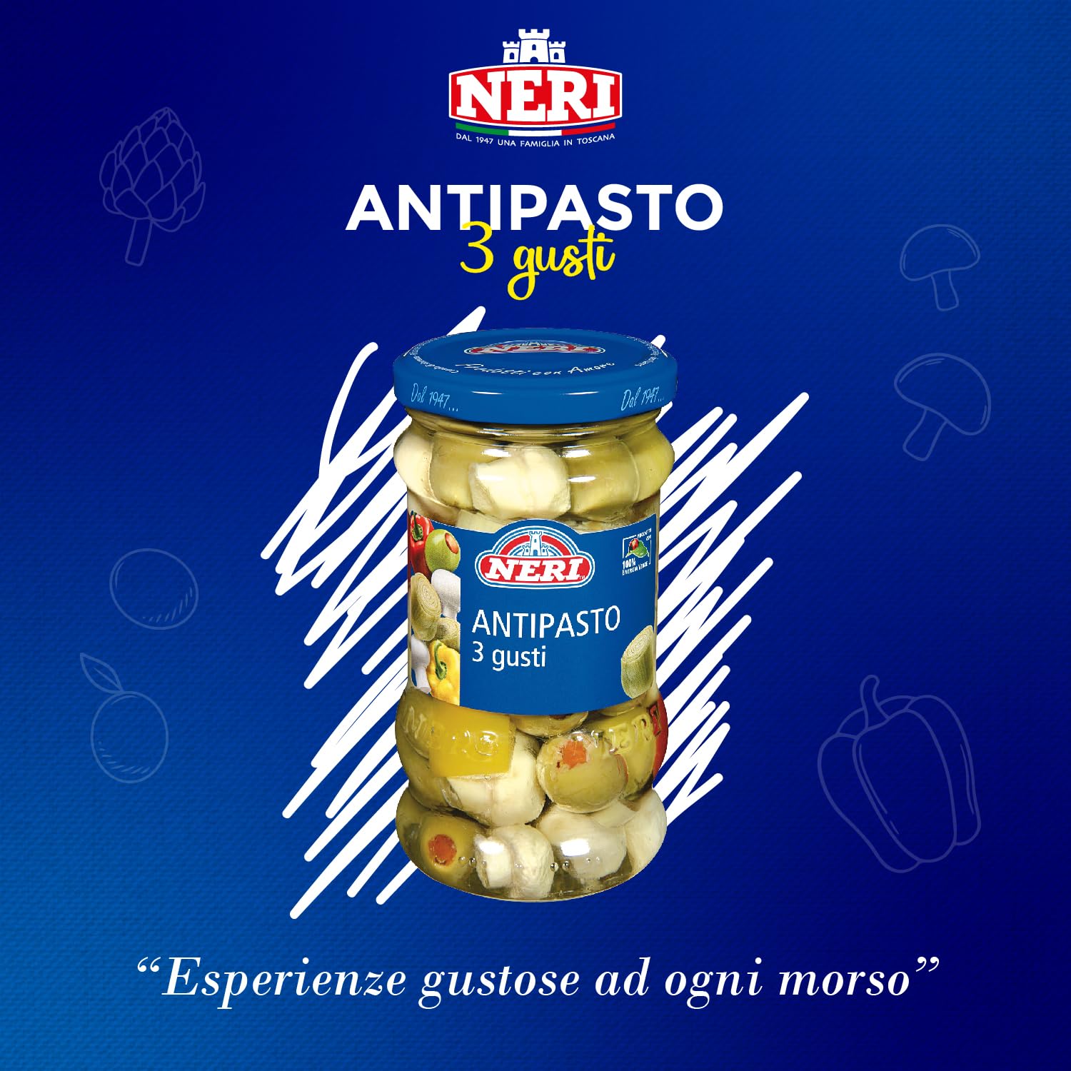 Neri Sottoli - Antipasto Tre Gusti - Ideale per Apertivi o come Contorno - Mix di Funghi coltivati, Olive farcite, Carciofi e Peperoni Rossi e Gialli - 4 confezioni da 290 g