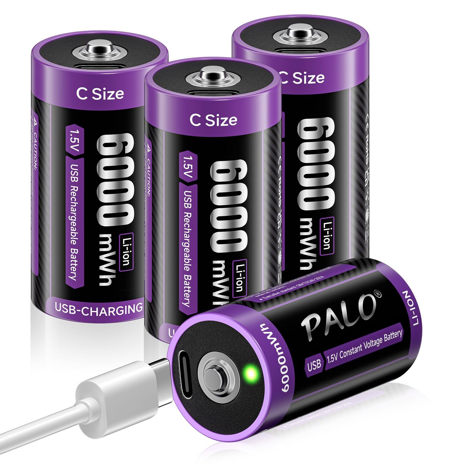 USB-C-Lithium-C-Akkus, 1,5 V, 6000 mWh, LR14-Batterie, 4 Stück