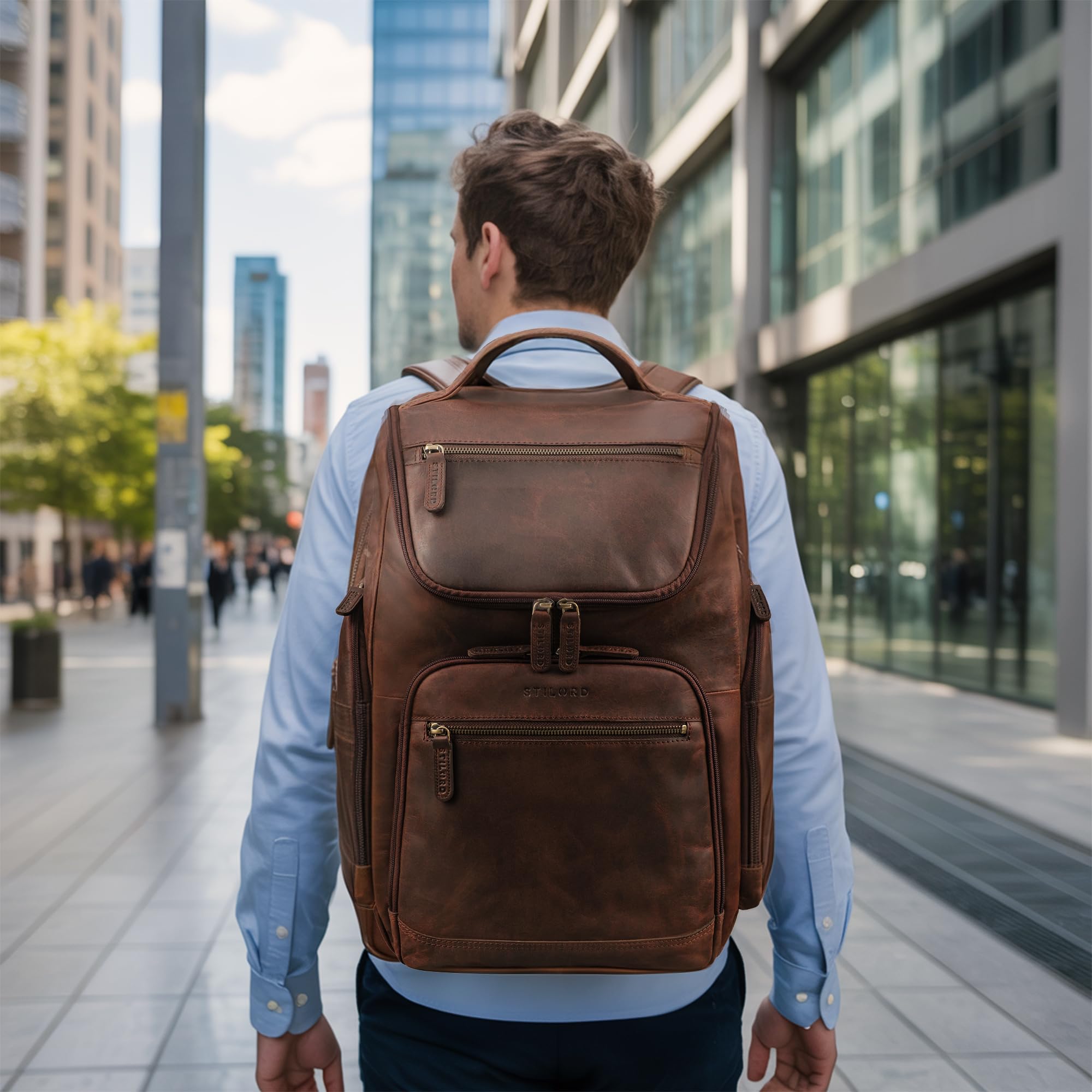 STILORD 'Reggie' XL Leder Rucksack Herren Laptop Rucksack 15-17 Zoll Business Backpack Groß Atmungsaktiv Lederrucksack Vintage für Reisen Arbeit Büro