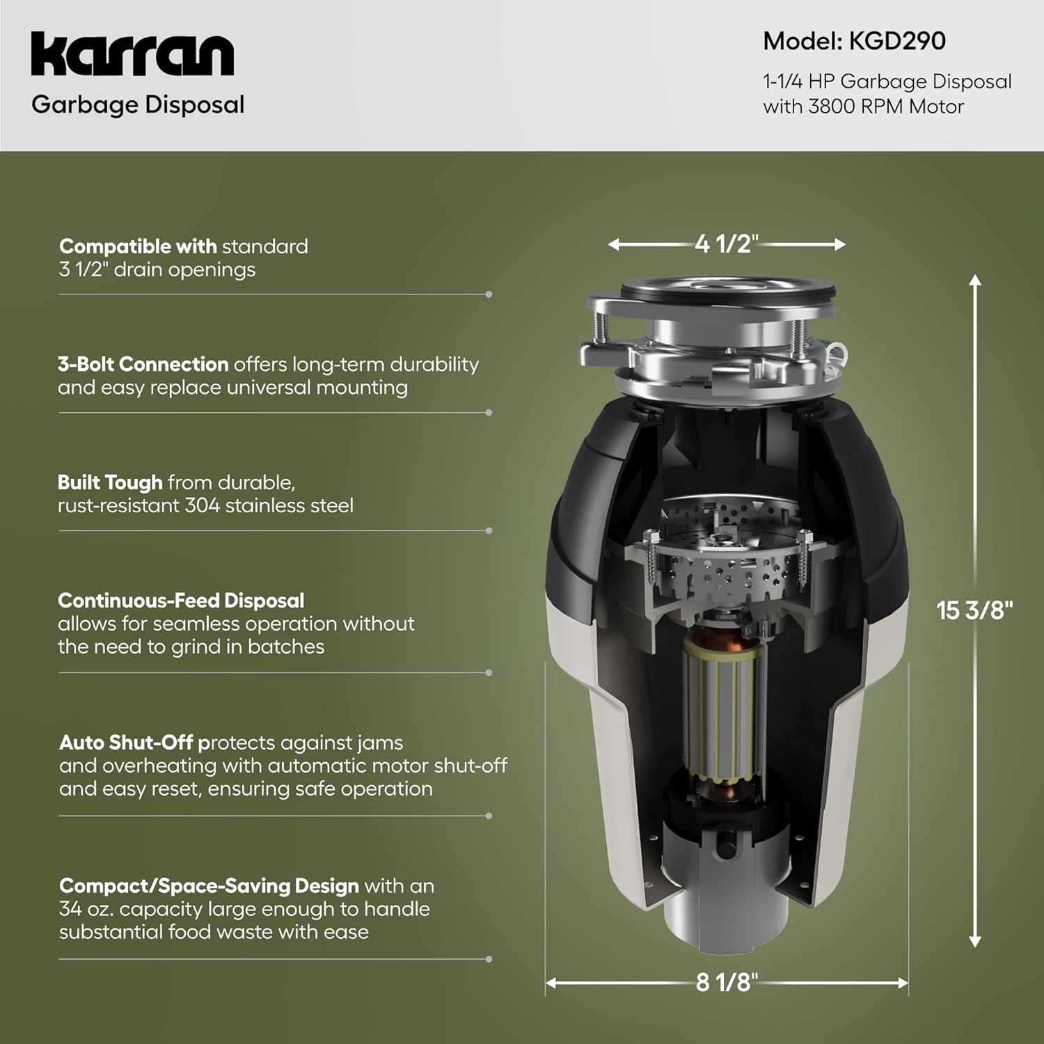Karran 1-1/4 HP Continuous Feed Garbage Disposal for Kitchen Sinks with Power Cord and Accessories Included