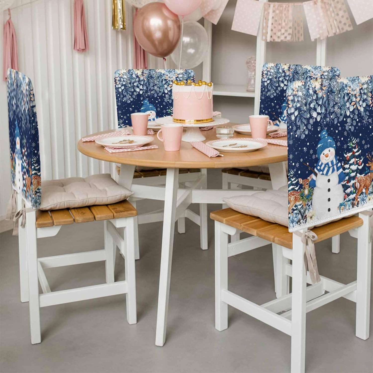 DecorLovee Navy Blue Christmas Snowman Chair Back Cover, Botanical Dining Chair Protector Covers, Xmas Tree Snowflake Elk Chair Covers Removable Chair Slipcovers for Banquet Party 19"x20", 4 Pack