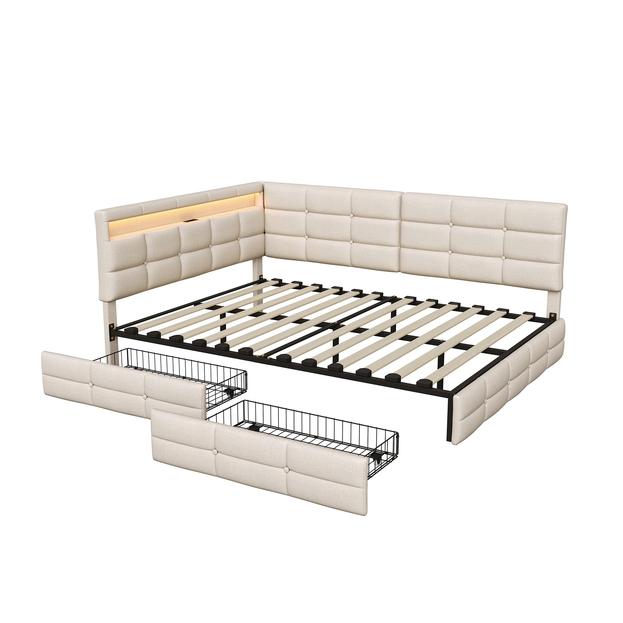 łóżko tapicerowane/sofa 140 x 190 cm, z oświetleniem LED i stacją ładowania USB, łóżko młodzieżowe/tapczan z miejscem do przechowywania i 2 szufladami, łóżko dla gości/rama łóżka ze stelażem