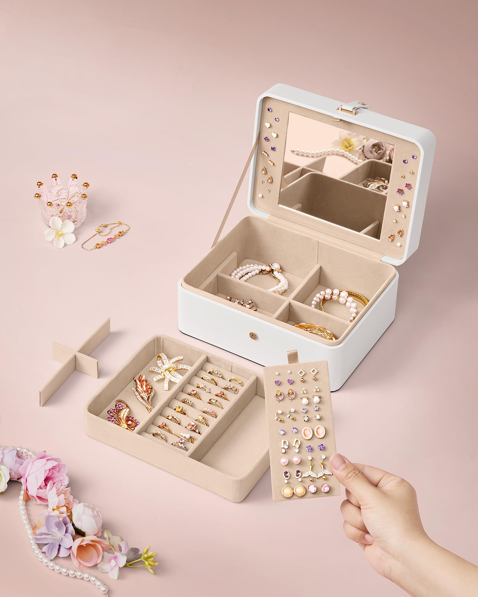 SONGMICS Pudełko na biżuterię z lustrem, 2-poziomowy organizer na biżuterię, elastyczna taca na biżuterię, 17,6 x 22 x 11 cm, organizer na kolczyki, pomysł na prezent, biała chmurka JBC200W01