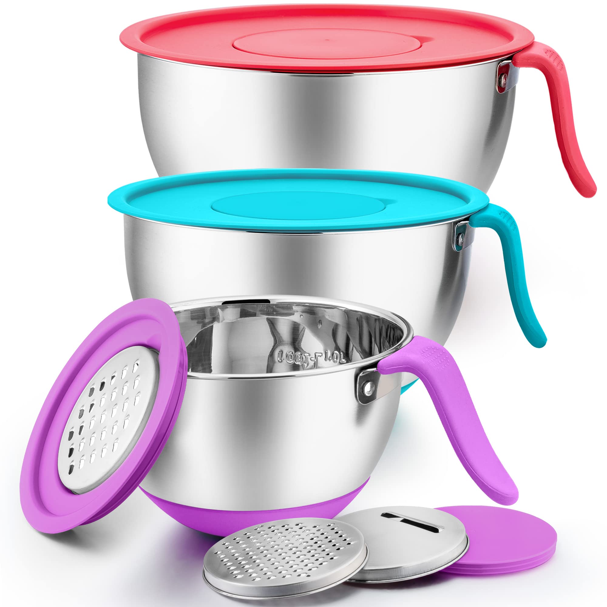 LIANYU Mixing Bowls with Lids Set of 3, Stainless Steel Mixing Bowl with Graters and Long Handle, Metal Mixing Bowls for Kitchen Food Preparing, Size 5/3/1.5 QT, Non-Slip Silicone Bottom, Colorful(incomplete)