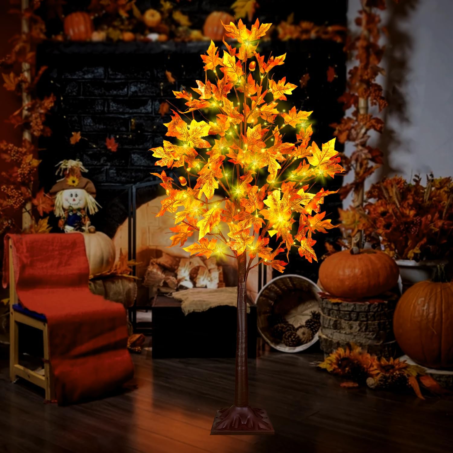 4FT LED Lighted Fall Tree 60LEDs Maple Tree Light for Fall&Thanksgiving Decor, Maple Artificial Tree with 6 Acorns 120 Leaves, Remote 8 Flashing Modes, Timer Features