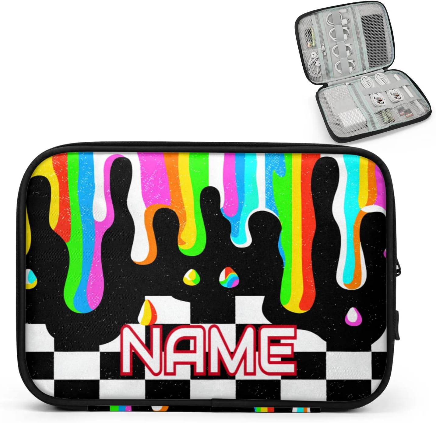 Custom Electronics Organizer Rainbow Drip Checkerboard Travel Cable Pouch Large Tech Accessories Case Waterproof Cord Storage Bag for Power Bank Charger Phone Earphone