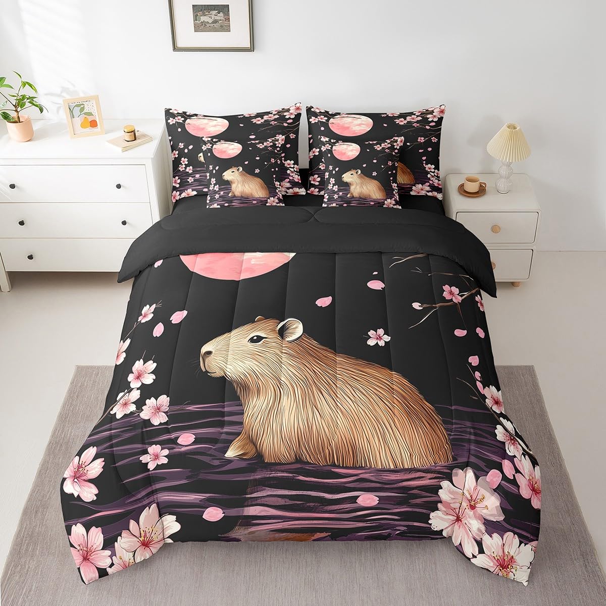 Juego de edredón rosa Sakura floral de 7 piezas tamaño matrimonial con sábanas y decoración luna