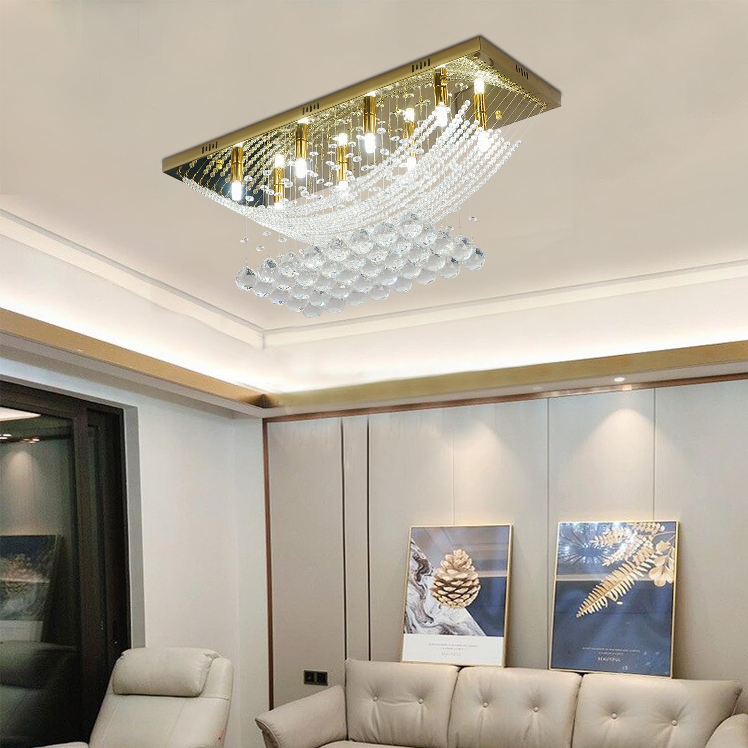 Modern Chandelier Crystal Chandelier Flush Mount Chandelier Gold Rectangle Crystal Raindrop Chandelier 8 Lights Ceiling Light Fixture Pendant Lamp for Kitchen Island Dining Room Closet Wedding Decor