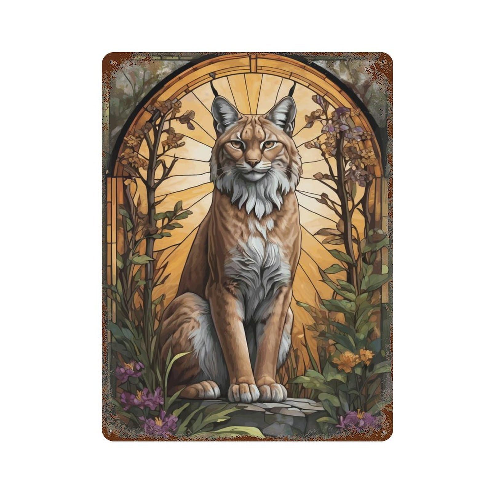 Lynx Stained Glass Distressed Metal Wall Sign 15.7"x11.8", for Farmhouse, Kitchen And Entryway Decor, Rustic Home Decor