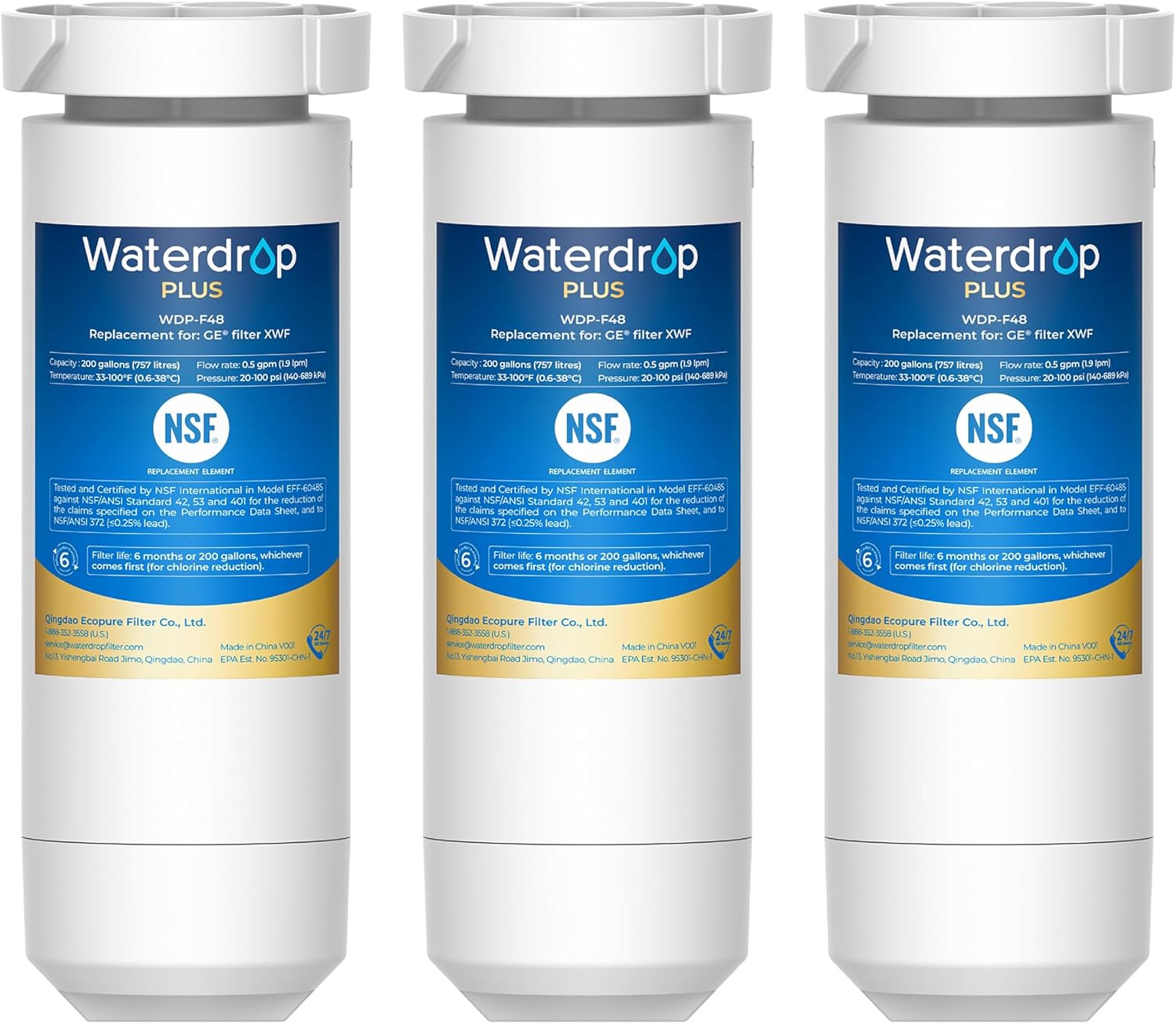Waterdrop Plus XWF Replacement for GE® XWF, WR17X30702 Refrigerator Water Filter, NSF/ANSI 401&53&42&372 Certified, Reduces RFAS, 3-Pack (Not XWFE)