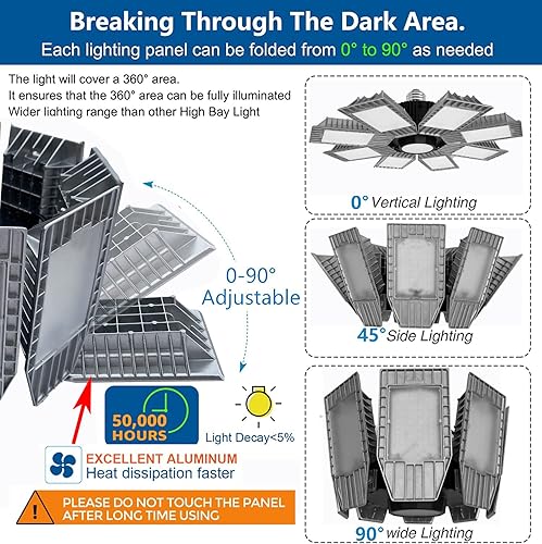 Miniatura 4 de Luz LED de alta bahía para tienda, 8 paneles de luces LED de garaje de 300 W con adaptación E26 a E39, 36000 lm de alto brillo, ideal para almacén,