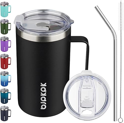 BJPKPK Taza de café aislada con 2 tapas, vaso aislado de acero inoxidable de 25 onzas con asa, tazas de café al vacío de doble pared, taza de viaje