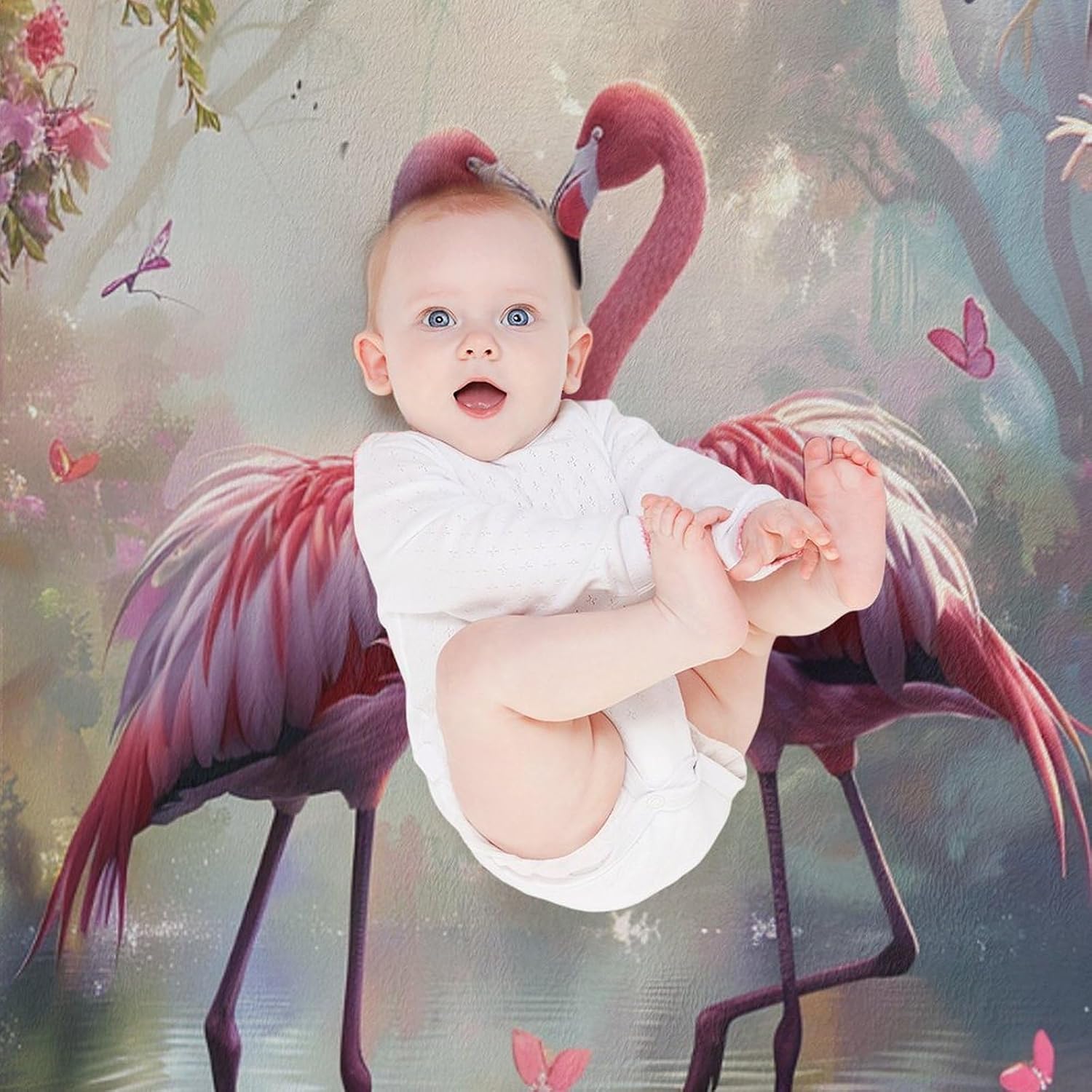 Forest Flamingo Flannel Throw Blanket, Soft Cozy Warm Fleece Colorful Floral Pond Butterfly Bird Blanket for Couch Sofa Bed, 30x40 Inch