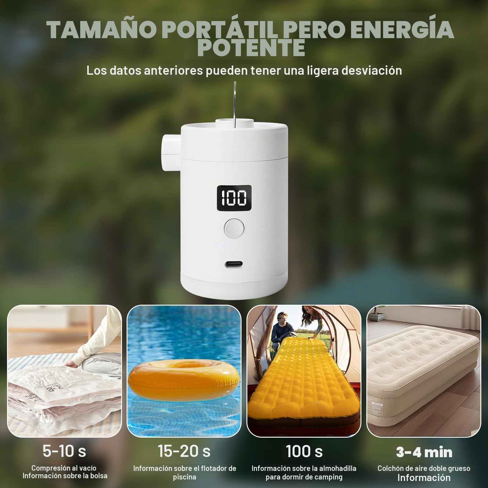 Bomba De Aire Eléctrica Portátil: Batería Recargable De 4000mAh Tipo-C, Bomba De Aire Eléctrica Mini con 5 Boquillas Y Lámpara De Camping para Flotadores De Piscina, Boyas Salvavidas (Blanco)