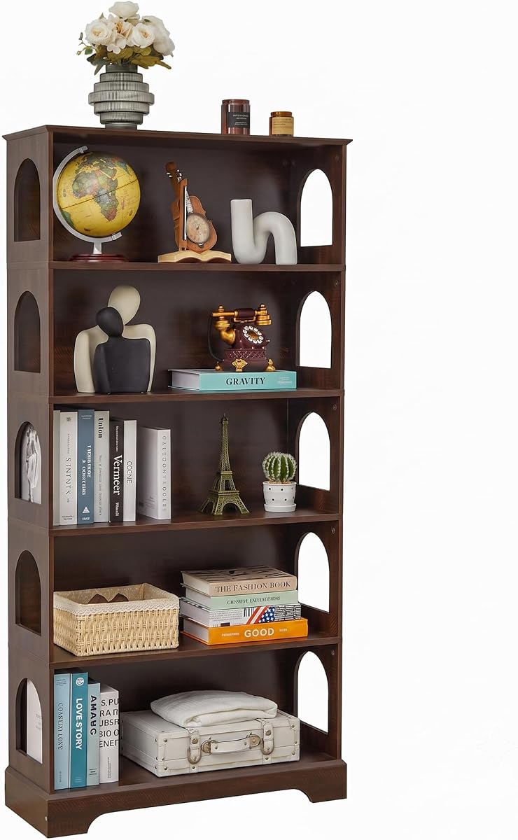 Janmer Home Estantería de 5 niveles, estantería de madera de 64 pulgadas de alto, nogal oscuro | Moderno de mediados de siglo, Vitrina de almacenamiento abierta, Estantes para libros independientes, Sala de estar, entrada, dormitorio, oficina en casa