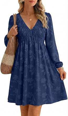BerryGo Womens Casual Long Sleeve Babydoll Flowy Dress V Neck Swing Party Mini Dress with Pocket for Summer Beach 2025