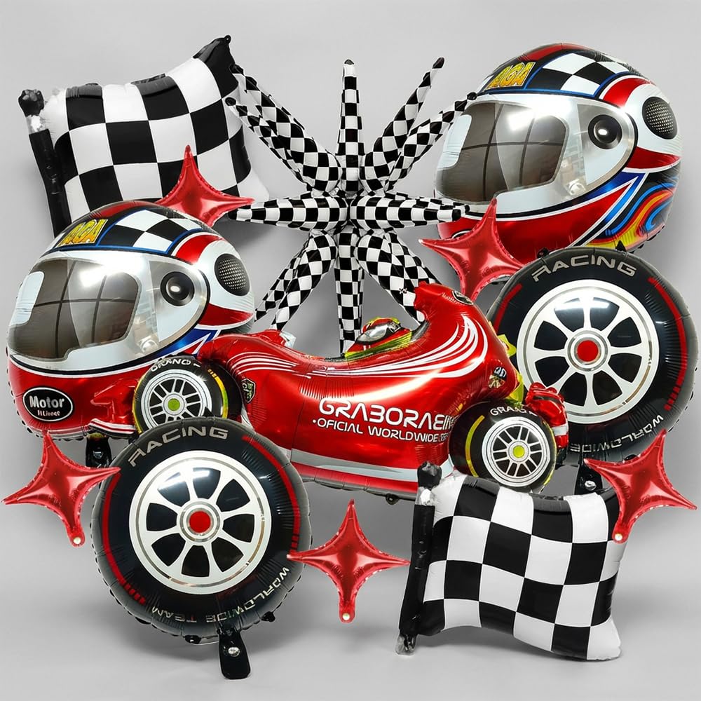Party Balloons 13PCS Racing Theme Set - Car Shaped Balloons with Helmet, Tire & Flag Designs for Birthday Decorations