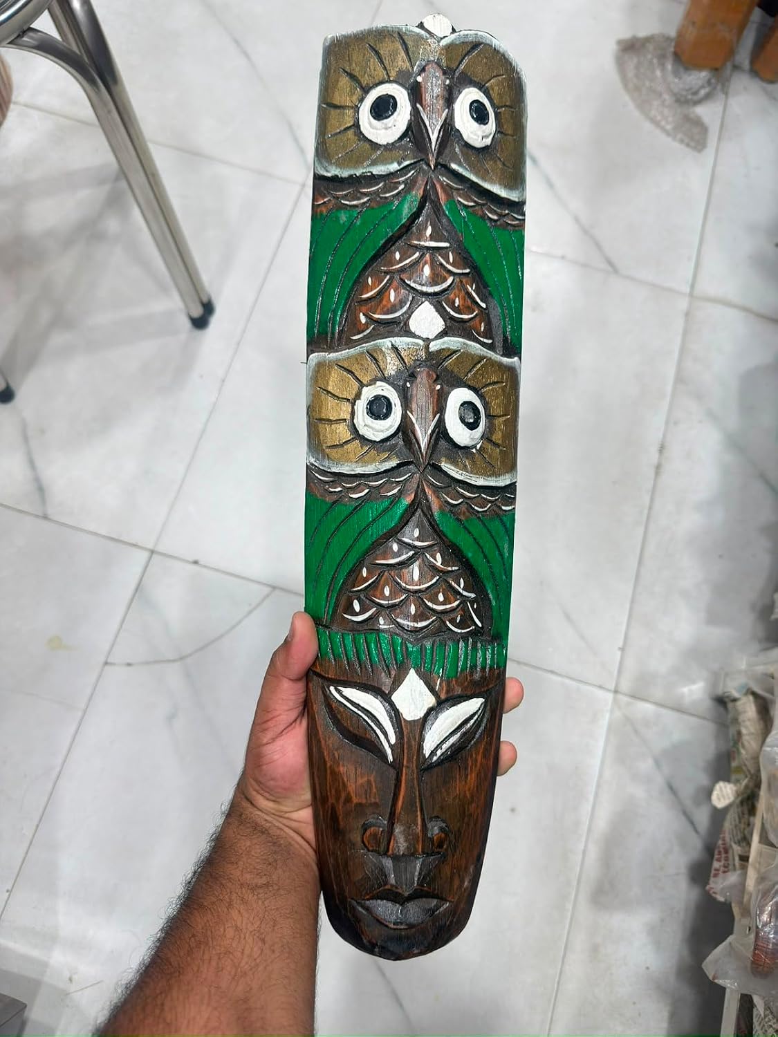 Handcrafted Wooden Totem Mask with Dual Owl Carvings, Multicolor