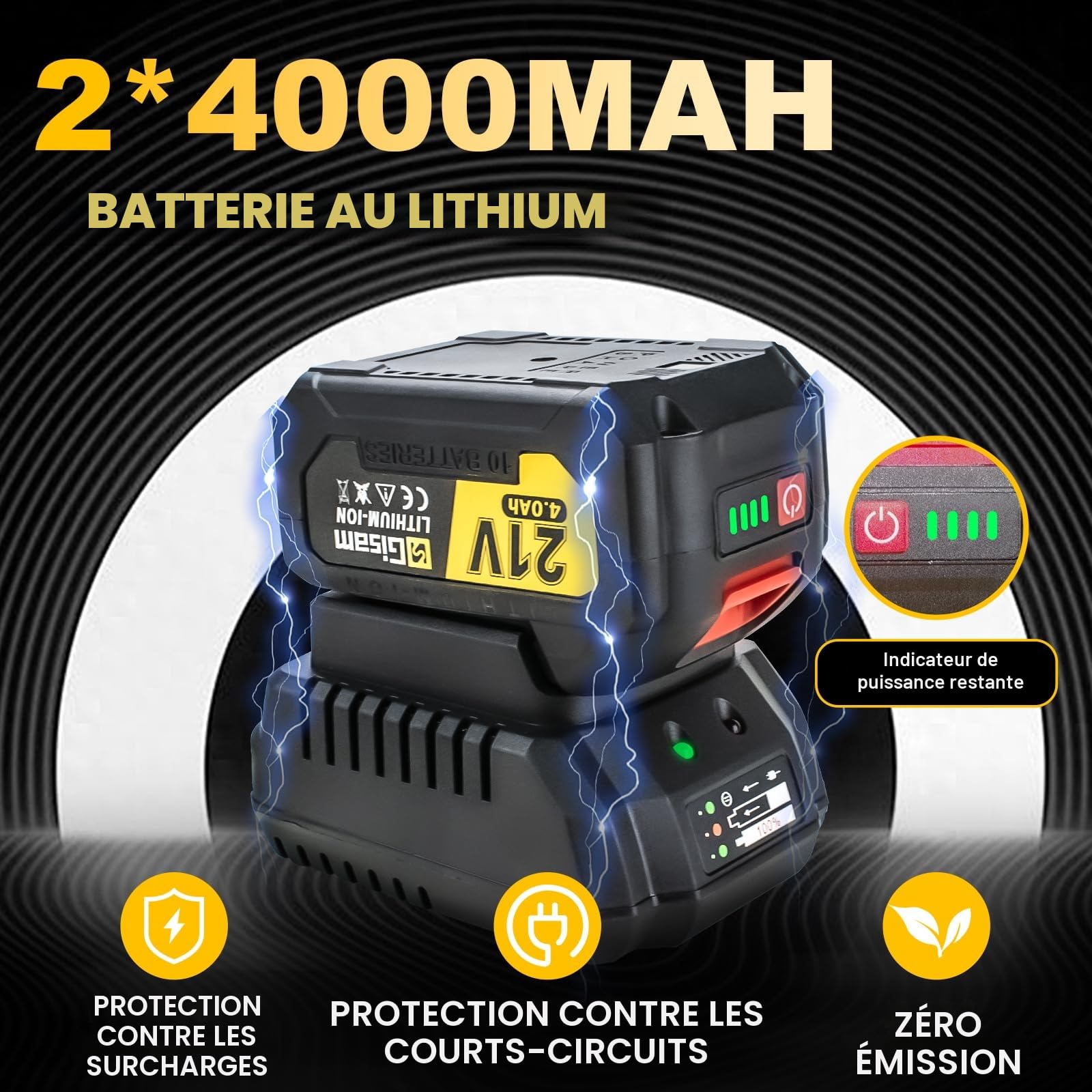 Gisam 1000 N.m Clé à Chocs Sans Fil Brushless, 1/2 pouce Boulonneuse a Choc Electrique avec 2x4.0Ah Batterie, Chargeur Rapide, Visseuse à Choc avec 5 Douilles pour la Voiture et la Maison