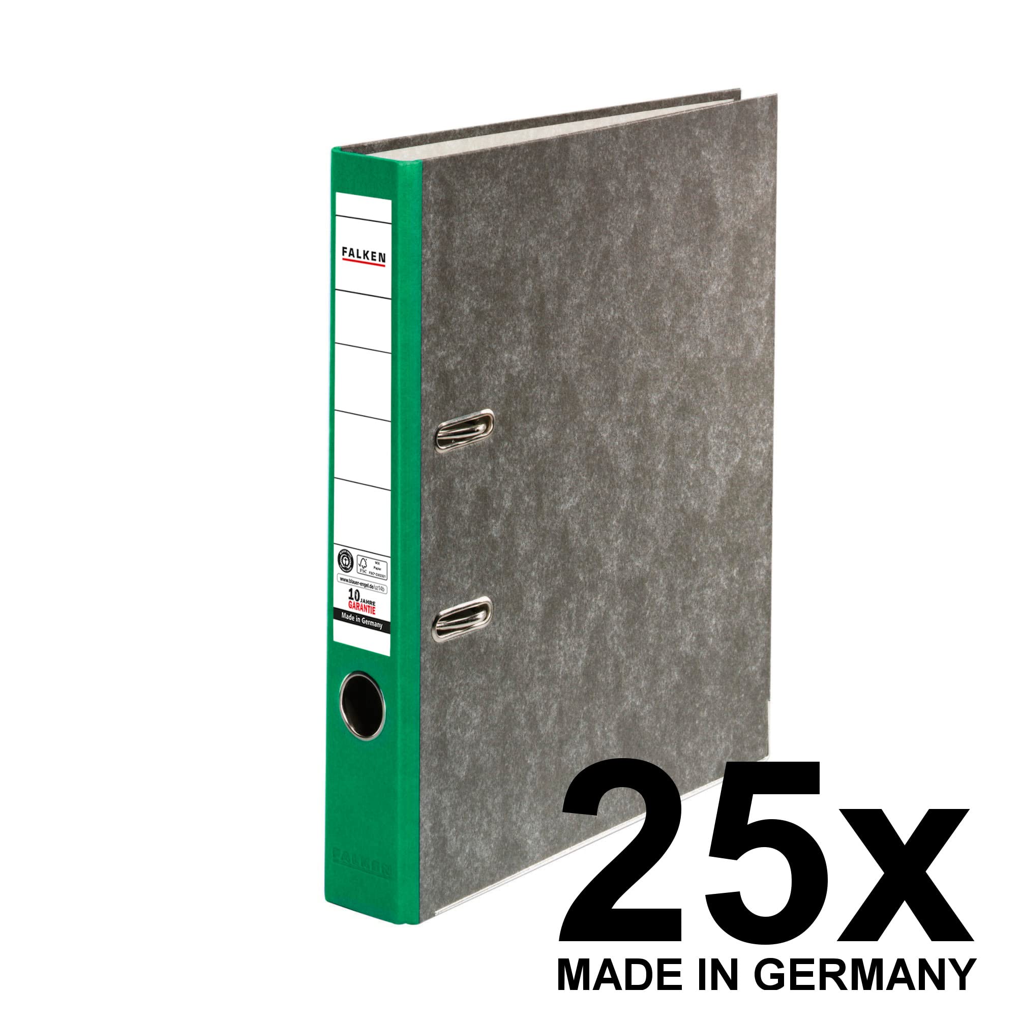25x Falken Recycling segregator marmurkowy A4 wąski 8 cm zielony grzbiet. Wyprodukowano w Niemczech. Segregator biurowy Segregator dźwigniowy Segregator z mechanizmem Certyfikat Błękitny Anioł