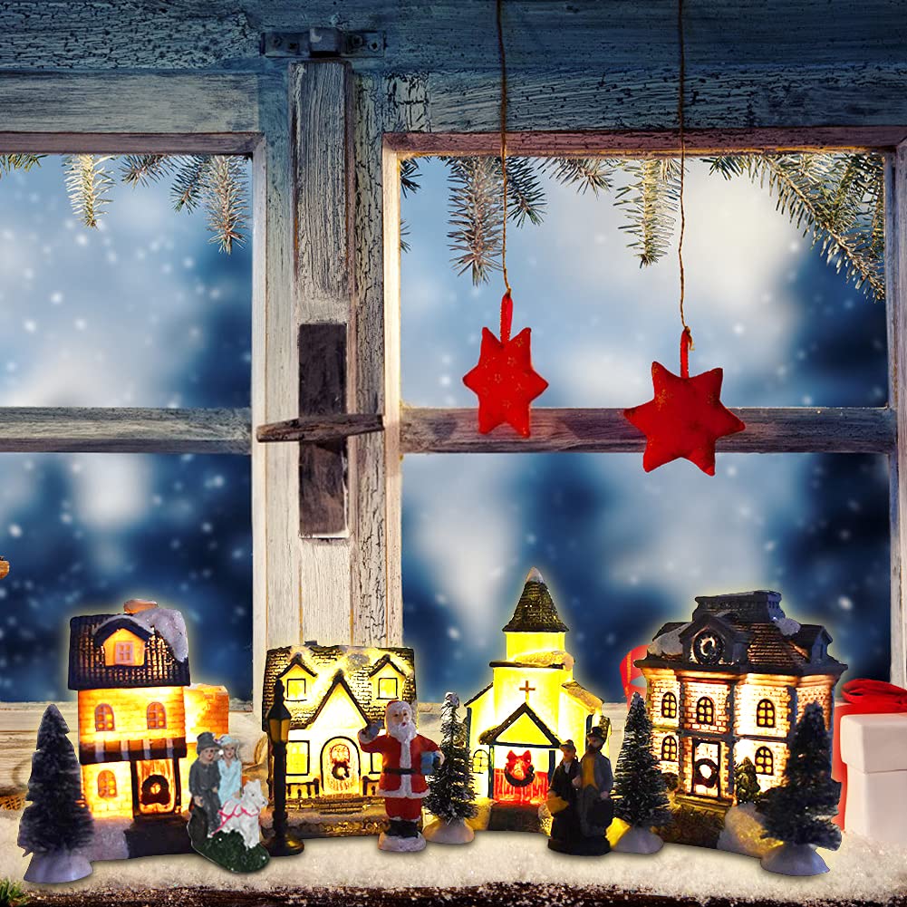 LICHENGTAI Pueblos Navideños con Luz, Juego de Casa de Pueblo de Navidad Decoracion de Luces LED Adorno de Mesa de Escena de Pueblo de Navidad, Escena de Navidad Casas de Pueblo (10 Piezas)