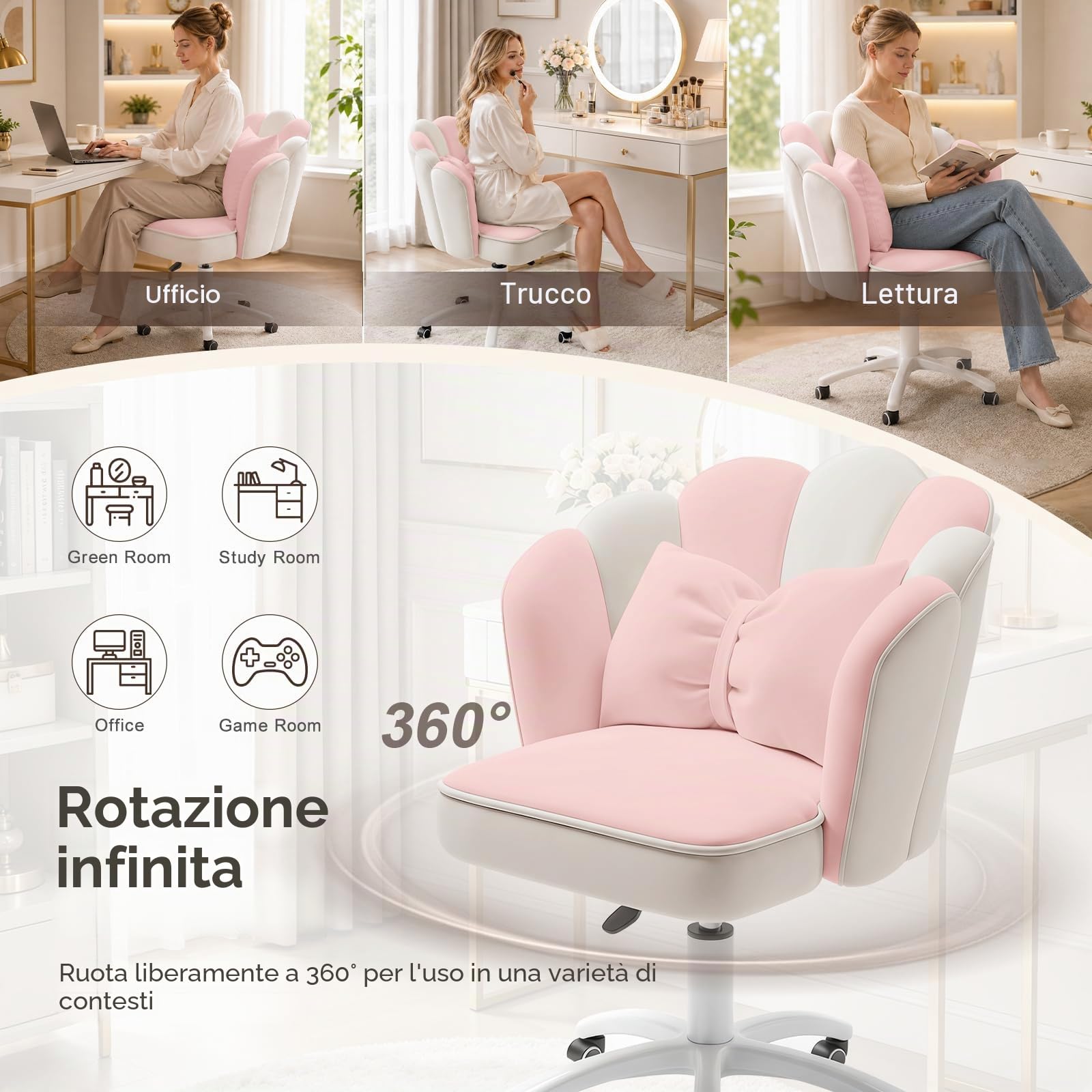 Sedia Vanity Velluto Petalo - Sedia da Scrivania Moderna Imbottita e Trapuntata con Schienale,Sedia da Ufficio Regolabile in Altezza per Camera da Letto e Soggiorno(Rosa e Bianco)