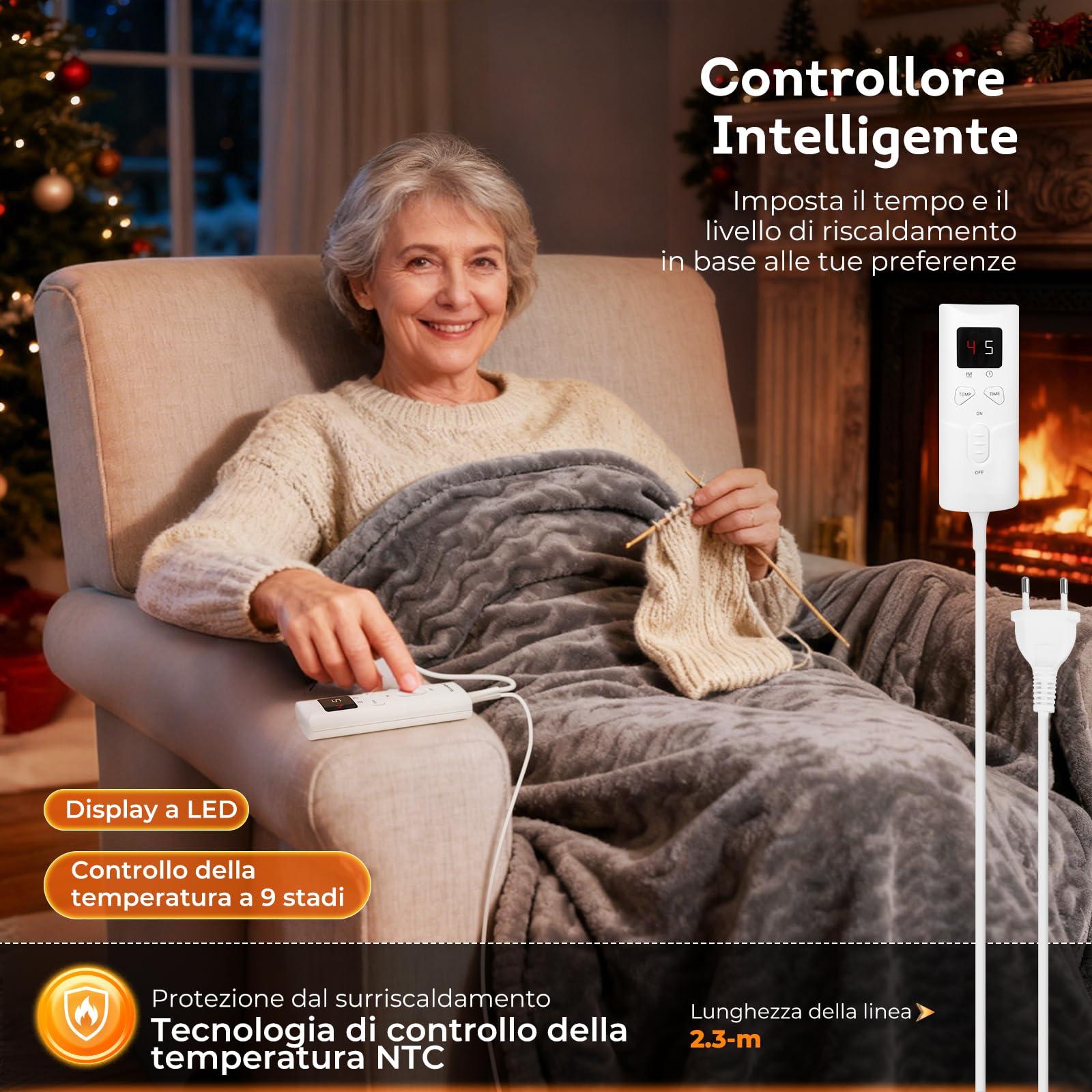Coperta Riscaldante Elettrica, Coperta Termica 180x130 cm con 9 Impostazioni di Calore, Protezione da Surriscaldamento, Lavabile in Lavatrice, Ideale per Letto, Divano e Ufficio, Riscaldato