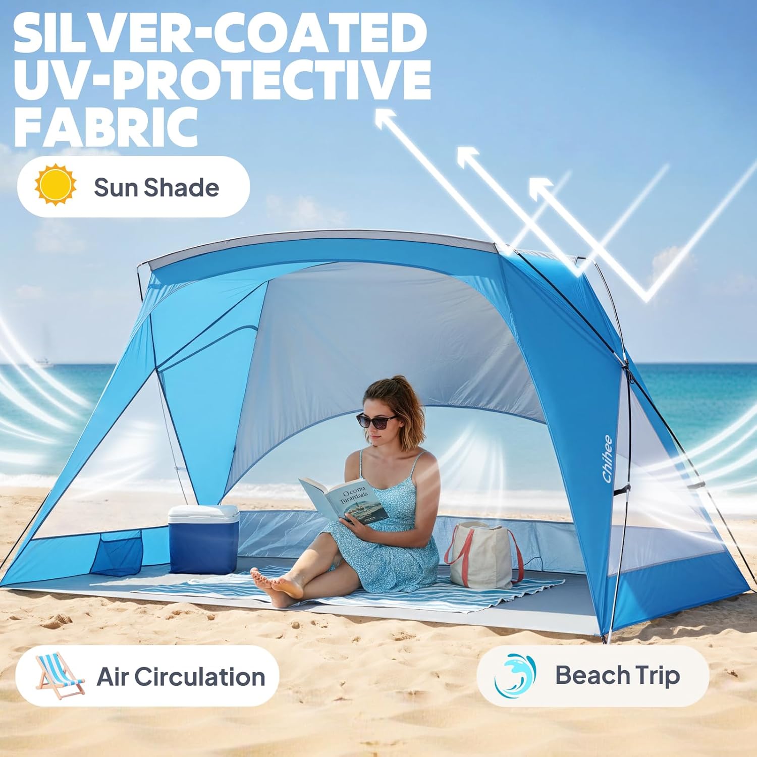 Chihee Beach Tent 1-2 Person Portable Camping Sun Shelter with UV Protection Silver Coated Canopy, Lightweight Beach Shade with Extra & Built-in Sandbags Mesh Windows Flat-top for Beach Camping Picnic