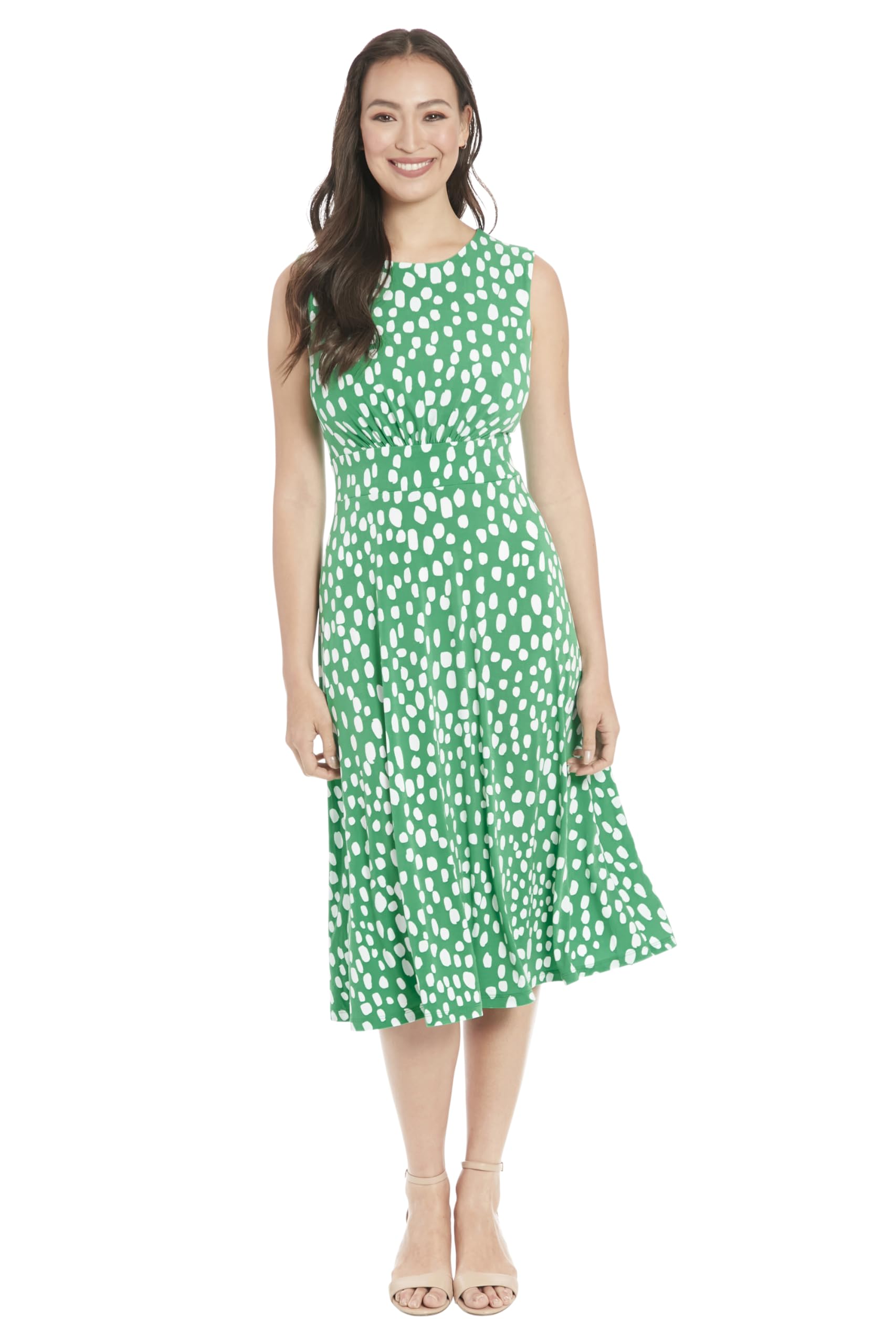 London Times Women's Sleeveless Inset Waist Midi Fit and Flare Dress